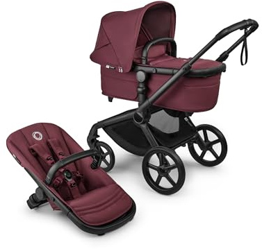Bugaboo Fox 5 Renew, 2-in-1 Kinderwagen für jedes Gelände, mit Liegewanne und ausziehbarem Kleinkindsitz, praktische Ein-Hand Faltung, Fahrgestell in Schwarz und Sonnendach in Dark Cherry