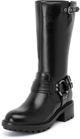 Ruiee Mid Calf Boots for Women Flat Casual Round Toe Fashion Calf High Boot Buckle Dressy Fall and Winter Low Heeled Womens Boots. 240973 Black PU Size9
