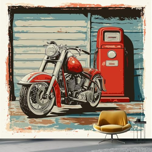 Fototapete Tankstelle Motorrad Retro Rot Marineblau 200 X 140 Cm(Wxh) Mit 3D-Effekt – Traditionelle Vlies-Tapete Für Wohnzimmer & Schlafzimmer – Uv-Beständig, Strapazierfähig, Einfach Anzubringen