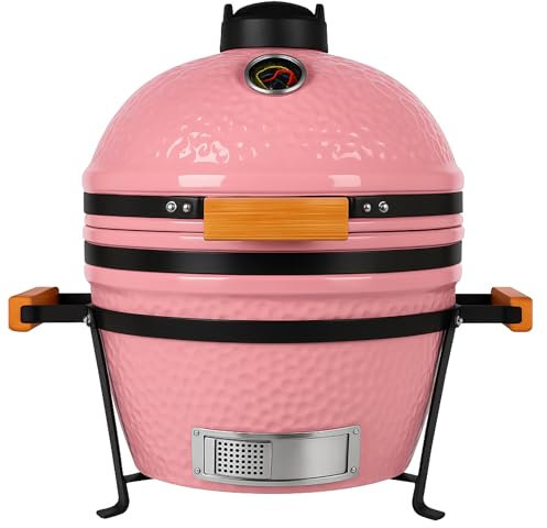 Kamado, barbecue giapponese in ceramica, diametro 40 cm, con carbone di legno, termometro incorporato, manico in legno, colore rosa, ideale per giardino, terrazza, campeggio