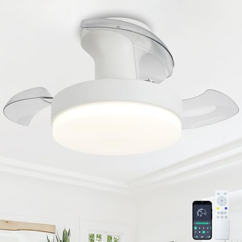 QINGYING Ventilador De Techo Con Luz Retráctil 52cm Y Mando A Distancia APP Silencioso LED Regulable Reversible 6 Velocidades Para Dormitorio Salón, Blanco