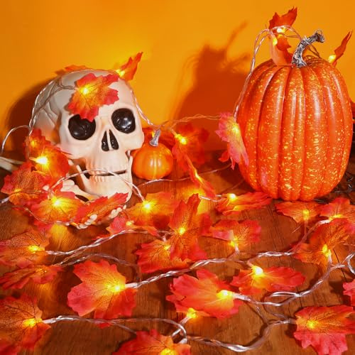 XIMISHOP 6M 40LED Autumn Maple Leaves Lights，Artificial Autumn Maple Leaves String Lights Fall Leaf Light for Halloween Autumn Parties Indoor Decorations