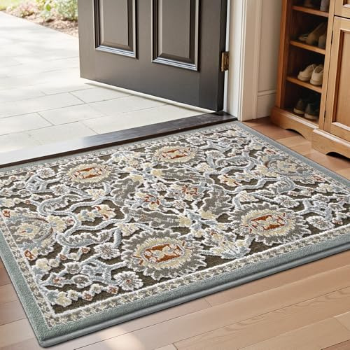 LUMI Indoor Door Mat for Entrance 17x30, Luxury Front Doormat with Non-Slip Latex Rubber Backing, Soft Washable Dirt Trapper, Flower Whipser (Folded Package)