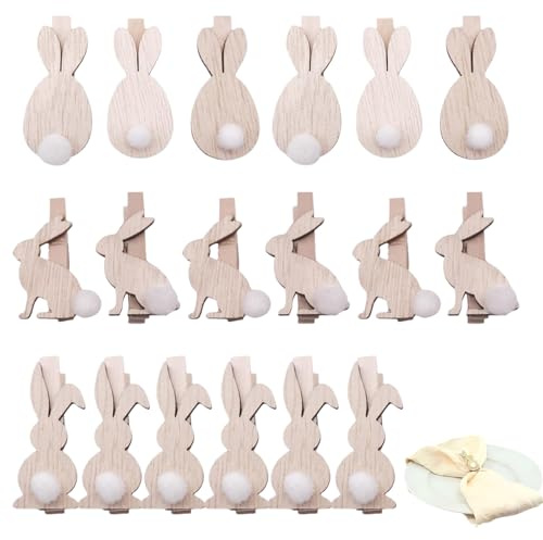Tischdeko Ostern Holzklammern 18er Set Mini Hase Natur Holz bunt Dekoklammern für Osterdeko DIY Kartenfotos Party Frühling Basteln Geschenkdeko