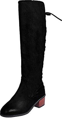 Stivali Al Ginocchio Donna Con Tacco Stivale In Pelle Sintetica Tacco Largo Basso Scarpe Con Mezza Zip Laterale E Lacci Dietro Boots A Punta Chiusa Casual Eleganti Stivali Antiscivolo Outdoor
