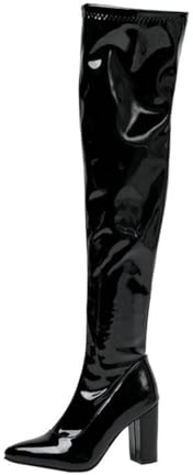 WOkismD Stivali da Donna in Vernice sopra Il Ginocchio, Tacco Spesso, Punta Appuntita, Alti Fino alla Coscia, Stivali alla Moda per Feste e Uso Quotidiano,Nero,45 EU