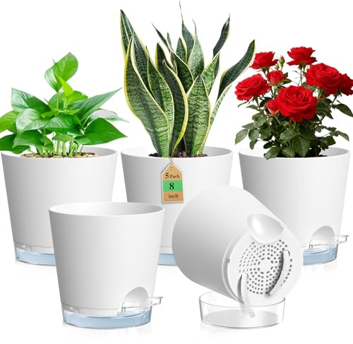 WSMKSZ 20 cm Self Watering Plant Pots Indoor, 5 Pack Thick Plastic Flower Pots with Clear Reservoir, Visible Water Level and Drainage Holes, Medium Planter Pots with Cotton Wick for Outdoor, White