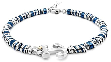 Zordixon Bracciale da uomo, catena in acciaio inossidabile 316L (anelli blu) con ancora, lunghezza 22 cm, misura regolabile