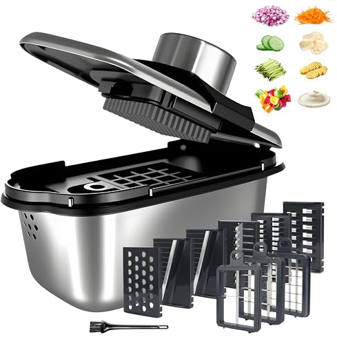 Vegetable Chopper Mandoline Vegetable Slicer Stainless Steel Chip Cutter Salad Chopper Apple Slicer Onion Chopper Potato Chipper Veg Dicer Fruit Cutter Food Chopper for Kitchen with Container (9-in-1)