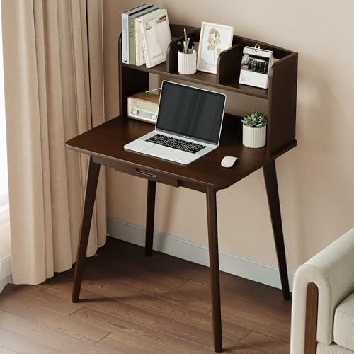 IOTXY 80 cm Holz Schreibtisch mit Aufsatz – Walnuss Modern Arbeitstisch | mit Schublade, für Arbeitszimmer, Schlafzimmer, Wohnzimmer, Moderner Computertisch