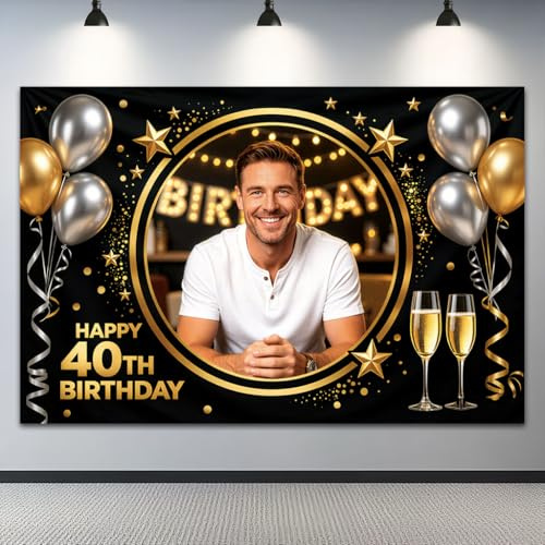 Personalisierte Geburtstag Banner, Happy Birthday Banner Deko Frauen Männer mit Foto & Namen -Schwarz Gold 30./40. Extra Großes Geburtstag Party Hintergrund Banner (D)
