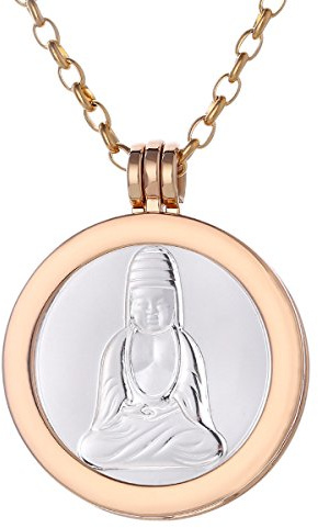 Morella Mujeres Collar 70 cm Acero Inoxidable de Oro y Colgante Amuleto Coin 33 mm Buda de Color Plata 33 mm para Damas en Bolsa para Joyas