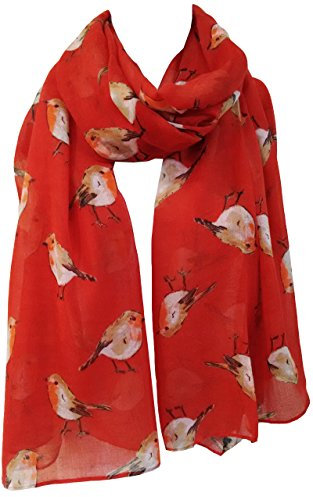 Robin Bird Scarf Watercolour Printed Robbins, Large Wrap, Cover Up, Scarves, Ladies Womens Gift, Glam-London Fashion Shawl (Red)