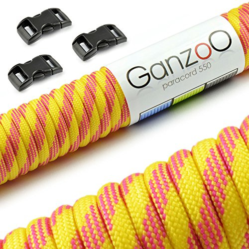 Ganzoo Set Paracord 550 Seil mit 3 x Klickverschluss 3/8“ 10mm Gurt, 4mm Schnur, 7 Kernstränge, Nylon - Polyester, Typ 3, 30 Meter, Outdoor-Schnur, Allzweckseil, Armband knüpfen, basteln