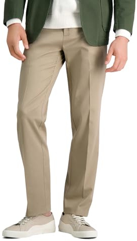 Haggar - Pantaloni Casual da Uomo, No-Stiro, gabra Dritta, Senza Pieghe Davanti, Verde Cachi, Cachi, 34W x 34L