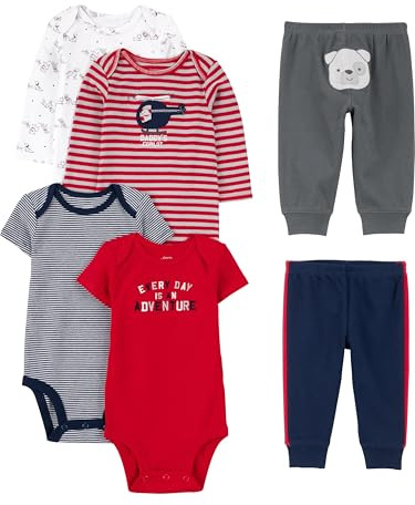 Simple Joys av Carter's baby-boys 6-delad body (kort och långärmad) och byxset set, Röd/marinblå björn, 6-9 Months