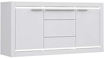 FORTE L-Light Kommode mit 2 Türen und 3 Schubladen, Holzwerkstoff, Weiß/ Weiß Hochglanz, 58 x 78,3 x 157,7 cm