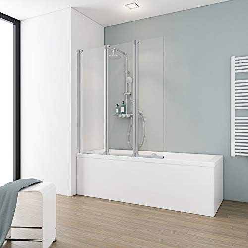 Schulte pare baignoire 125 x 130 cm, alu-argenté, 3 volets pivotants (48+42+35), montage gauche droite, écran réversible, 180° contre le mur, verre de sécurité 3mm transparent, joint d'étanchéité