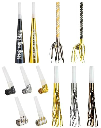 Black, Gold & Silver Party Horns & Blowouts Set (Pack of 50) - Perfect Party Supplies & Party Noise Makers for New Year's Eve, Graduation Parties, Birthdays & More