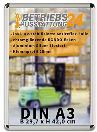 Betriebsausstattung24 Plakatrahmen mit Klemmrahmen - Alu Klapprahmen - 25mm Aluminium Profil - inkl. entspiegelter Schutzfolie abgerundete Ecken (Chromglänzend), DIN A3 HxB 42,0x29,7 cm