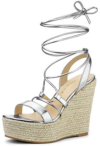 Allegra K Femmes Espadrilles Plateforme Compensées Talon Sandales à Lacets Argent 38