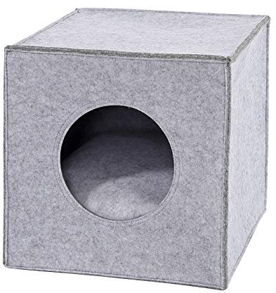 lionto Katzenhöhle aus stabilem Filz passend für Kallax Regale & andere Regalsysteme, 33x37x33 cm, Katzenbett faltbar in Würfelform freistehend, pflegeleicht, mit gemütlichem Liegekissen, hellgrau