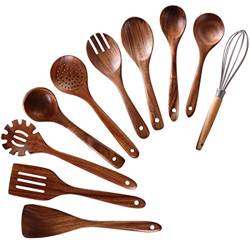 NAYAHOSE Holzutensilien zum Kochen, 10 Stück, Teakholz Kochlöffel und Spatel zum Kochen, inklusive Löffel, Schöpflöffel, Gabel (10)