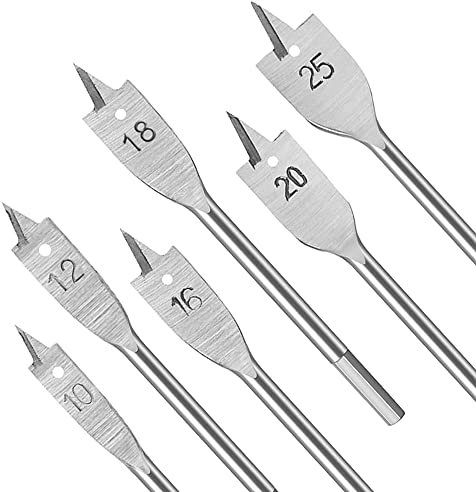 6pcs Spade Drill Bit Set Flat Wood Drill Bit Set Self Cut Speed Spade Bits with 1/4 Inch Hex Shank 10mm 12mm 16mm 18mm 20mm 25mm