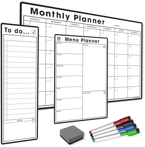 TMS Wochenplaner-Set Nr. 2 – Magnetisches, trocken abwischbares Whiteboard | Enthält A4-Menüplaner, S3-Aufgabenliste, A3-Monatskalender und 4 trocken abwischbare Markerstifte (Weiß, Paket 2)