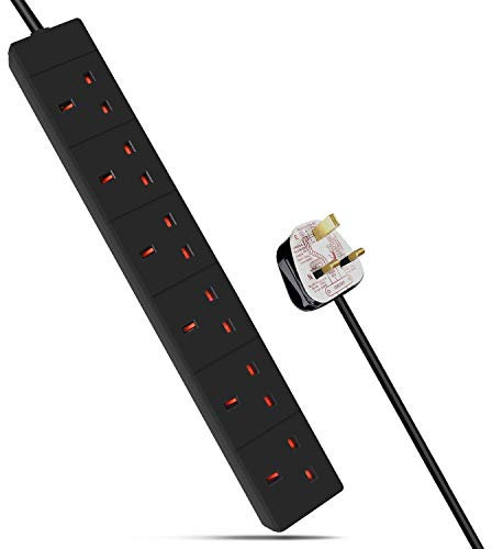 ExtraStar 6 Way Extension Lead, 13A Fused UK Plug Extension Socket, 2M Extension Cable Power Strip - Black