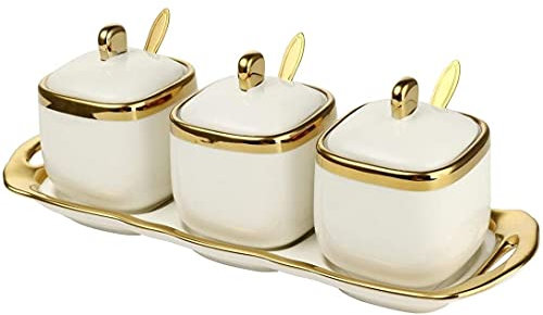 MAGICVOGEL 3er Set Keramik Gewürzdosen mit Tablett Zuckerdosen Salzdosen Gewürzhalter Pfeffer Box Gewürzbehälter Vorratsdosen Set mit Deckel und Löffel (Weiß)