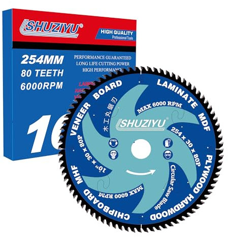 SHUZIYU, 254mm 80T, Mittelloch 30mm mit 25.4-22.23-20-15.88mm Unterlegscheibe Dünne Schnittfuge 2.0mm. Kreissägeblatt für die Holzbearbeitung, Sägeblatt für Holz.
