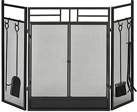 HOMCOM Grande Firewall per camino o stufa, parascintille servo camino 2 in 1 con accessori - 3 persiane pieghevoli e porta - acciaio metallo nero