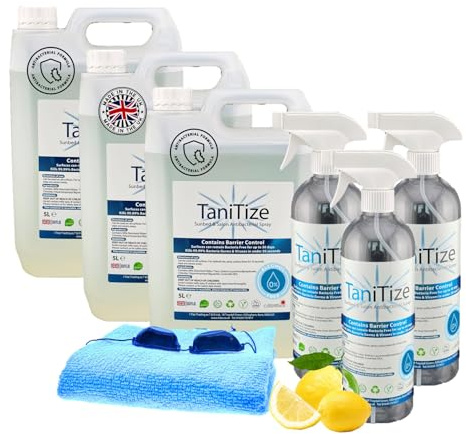 Sunbed Sanitiser & Salon Cleaner Spray - 15ltr Pack + Trigger Bottles | TaniTize , Alcohol Free, Multi Purpose, Kills 99.99% Bacteria, Contains Barrier Control Technology, Sunbed Cleaner