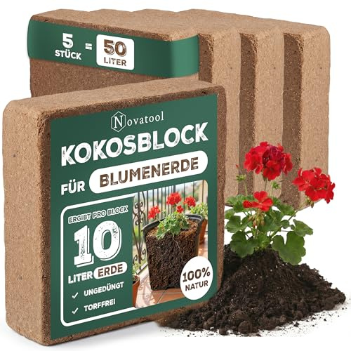 5X Kokoserde mit Beutel für Zimmerpflanzen | 50 Liter | 750g 19x18x5cm | Kokosfasern | Kokossubstrat | Kokoserde Anzuchterde Humusziegel Blumenerde Bio | Gartenerde Kokosziegel fein Quelltabletten