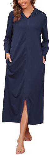 HALCYEEN Damen-Bademantel mit Kapuze, Reißverschluss, lange Ärmel, Hausmantel, volle Länge, Nachthemd mit Taschen, S-XXL, Marineblau, Medium