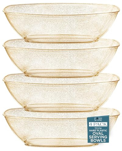 Posh Setting - Disposable Oval Party Bowls, Plastic Serving Bowls - Glitter Gold, 4 Pack