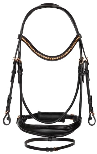 EQUESTRIAN QUEEN Lederhalfter mit Glitzer & Zügeln – anatomisch & weich gepolstert, roségold-Beschläge – Luxus-Komfort für Ihr Pferd - Io (Schwarz/Gold, Cob (Vollblut))