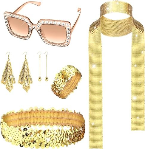 Diamday 6PCS 70s Disco Accesorios para Mujer Disfraces Kit Pedrería Montura Gruesa Bling Sol Gafas Largo Lentejuelas Bufanda Pendientes Diadema Pulsera Bola Pendientes Retro Disco Party Joyas Set