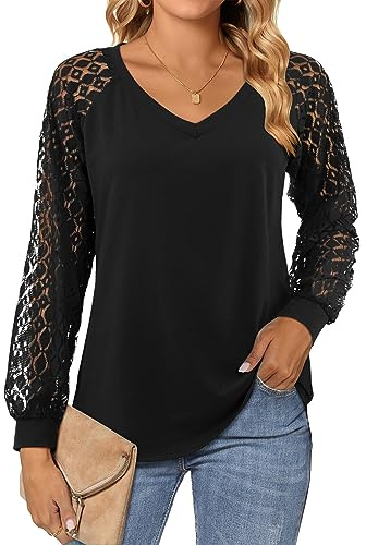 Beluring T Shirts for Women Dressy Lace Long Sleeve Tops Comfy Basic Tshirt Black Size 22 24