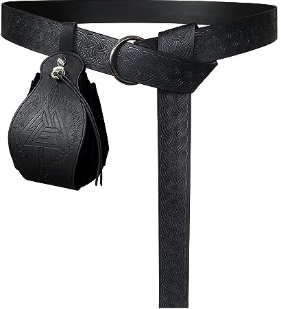 HiiFeuer Cintura medievale ad anello in rilievo con sacchetto portatile con coulisse Gungnir, set di cintura e borsetta in finta pelle rinascimentale per GRV (nero B)