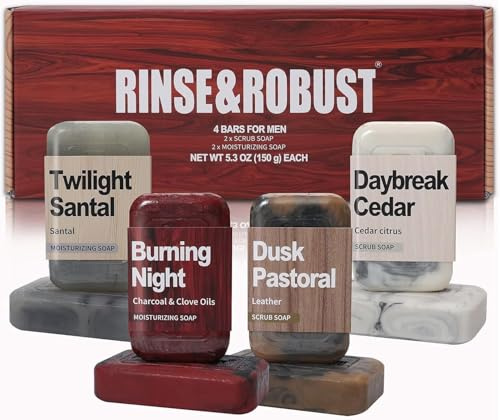 Rinse & Robust Bar Soap for Men - 4Pcs Exfoliating & Moisturizing 4-in-1 Cleansing Bar Set for Face, Body, Hands & Shave | All Skin Types | Luxury Fathers Day Gift Set(4 x 5.3 oz)