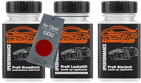 TRISTARcolor Autolack Lackstifte für Opel GDU Rubin Rot Perl Metallic +1K | Set aus Grundlack + Basislack + Klarlack, Lackfläschchen mit Pinsel, je 50ml