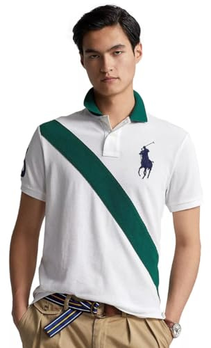 Polo Ralph Lauren Herren Poloshirt mit klassischer Passform, Netzstoff, Größe L, Weiß/Grün/Marineblau, Weiß und Grün (Navy Pony), Large