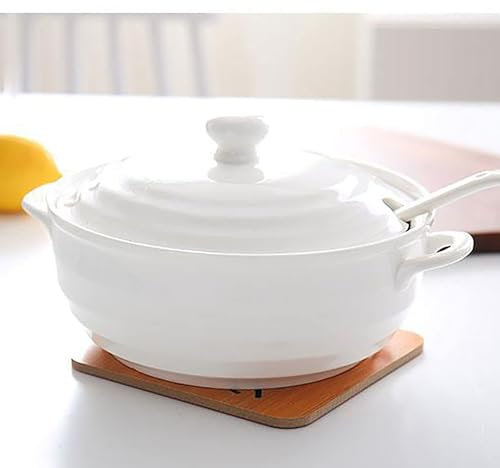YLME Sopera de Cerámica con Tapa, Elegante Diseño Blanco, para Restaurante, Cocina Casera,1200ml