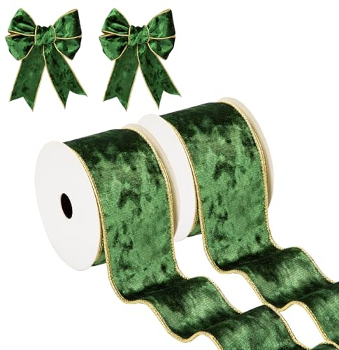 Hollyone Rubans de velours vert de 63 mm x 9,1 m, 2 pièces d'épais rubans de Noël pour emballage cadeau, rubans larges pour création, rubans filés pour voiture de mariage, sapin de Noël, décorations
