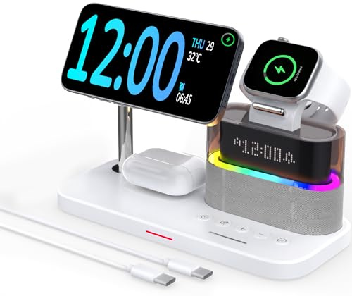 5 in 1 Wireless Charger with Alarm Clock for iPhone 17/16/15/14/13/12 | Magnetic Wirelss Charger Stand for Apple,Charger for iWatch 11/10/9/8/Ultra 3/2/1,AirPods 4/3/2/Pro3/1(White）