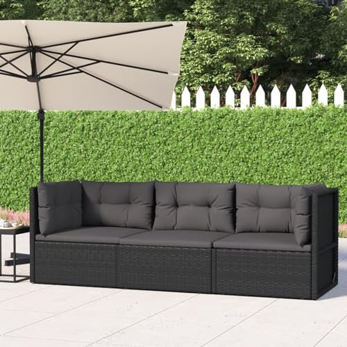Homgoday Gartensofa 3-Sitzer mit Kissen Sofa Lounge Balkonsofa Balkon Couch Rattansofa Ecksofa Mittelsofa Gartenbank Sitzbank Gartenmöbel Gartengarnitur Schwarz Poly Rattan