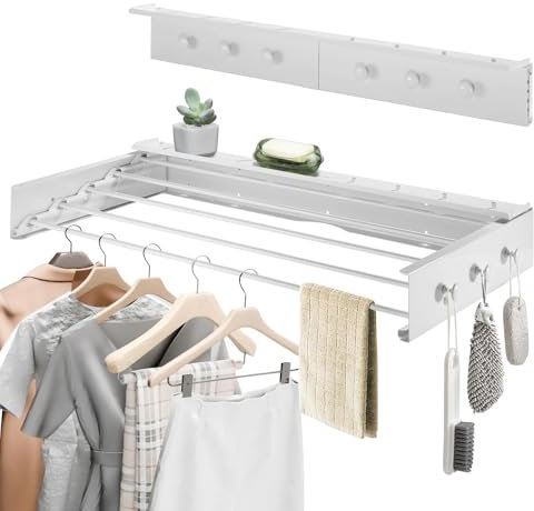Wall Clothes Drying Rack, Space Saving Wall Mounted Clothes Airer with 6 Hooks, Foldable Clothes Dryer, Easy to Install, 55 lbs Capacity, Retractable Drying Rack for Indoor & Outdoor, 80cm (White)