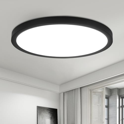 ZMH Deckenlampe LED Deckenleuchte Badezimmer - Ø30cm Badezimmerlampe Flach | Schlafzimmerlampe Schwarz Küchenlampe Rund Schlafzimmer Deckenbeleuchtung 24W Flurlampe Kaltweiß Badlampe für Küche Flur Bad